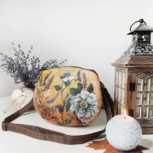 Crossbody purse for women with painted flowers, brown custom acrylic painting sh